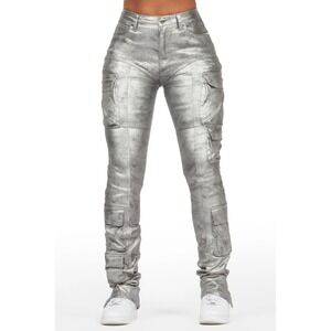 Rockstar Original Teeoina Silver Coated Black Skinny Stacked PU Pant Size M NWT